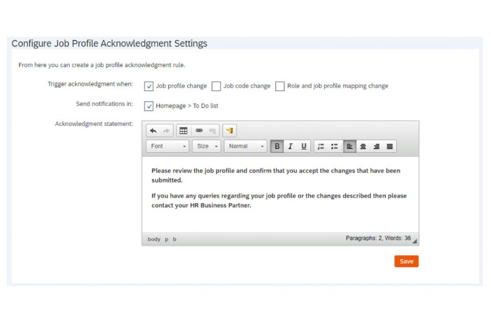 Job Profile Acknowledgement Settings