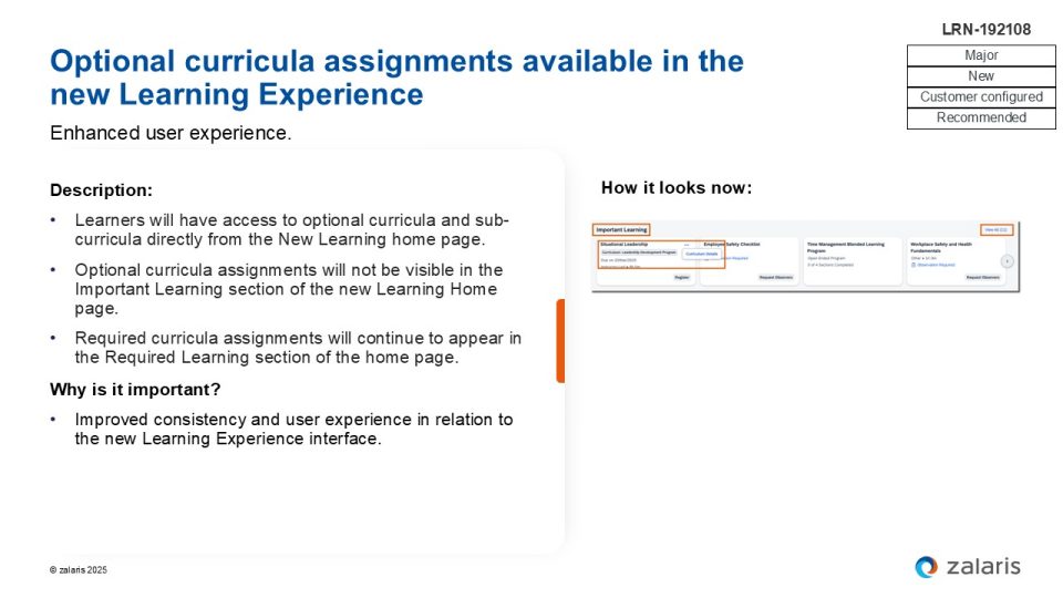 Optional curricula assignments in the new Learning Experience